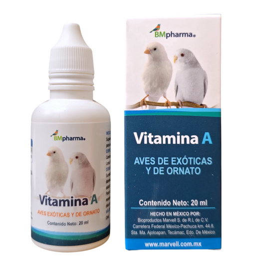 Frasco y caja de Vitamina A para aves exóticas y de ornato de BMpharma, suplemento vitamínico líquido de 20 ml para salud ocular y plumaje.