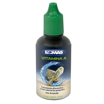 Frasco de Vitamina A líquida marca Lomas de treinta mililitros para el cuidado ocular de tortugas, en Kamalitas.
