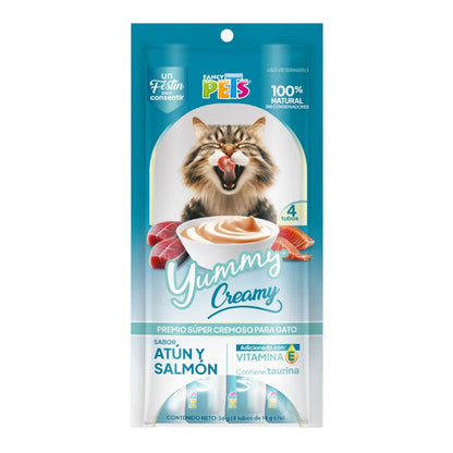 Empaque de Yummy Creamy para gato sabor atún y salmón de Fancy Pets, contiene 4 tubos de 14g cada uno, disponible en Kamalitas.