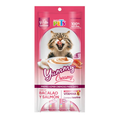 Sobre de Yummy Creamy para gato sabor bacalao y salmón de Fancy Pets, presentación de 4 tubos individuales, disponible en Kamalitas.