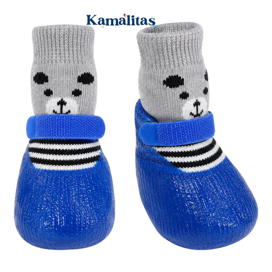 Zapatos de tela antideslizantes para mascotas color azul con calcetín gris, base de goma impermeable y ajuste de velcro para perros pequeños y gatos.