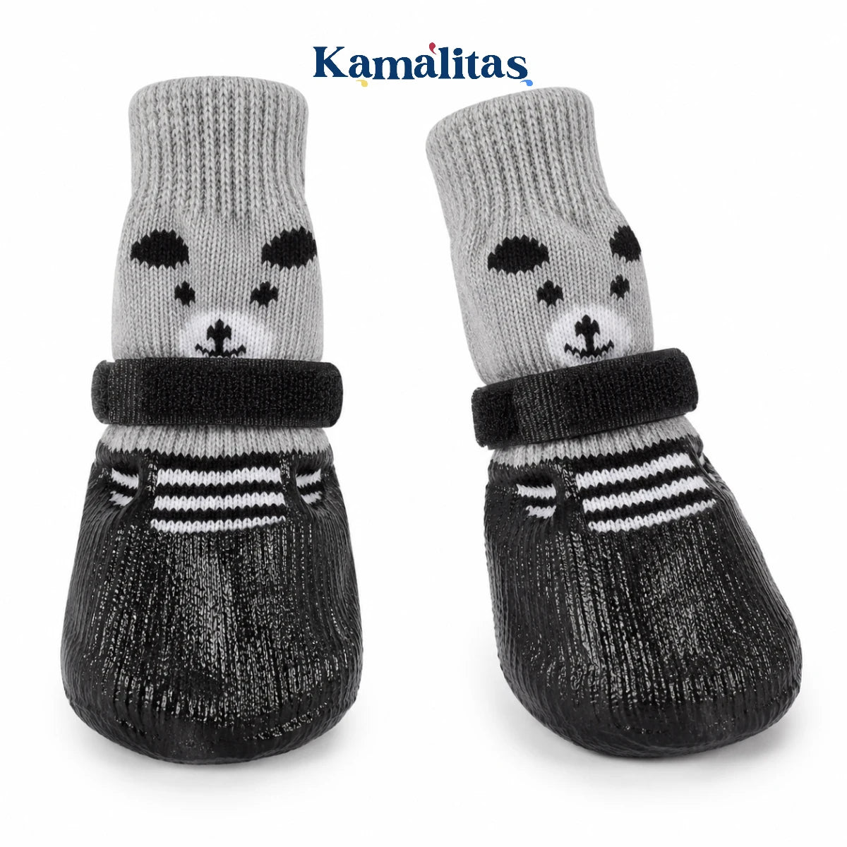 Zapatos de tela antideslizantes para mascotas color negro con calcetín gris, base de goma antiderrapante y velcro ajustable para perros y gatos.