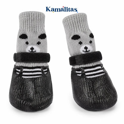 Zapatos de tela antideslizantes para mascotas color negro con calcetín gris, base de goma antiderrapante y velcro ajustable para perros y gatos.