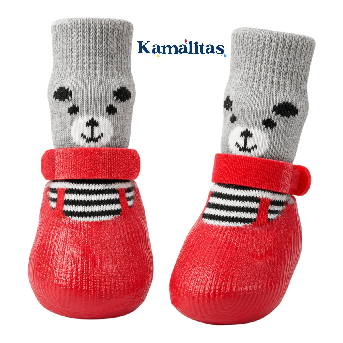 Zapatos de tela antideslizantes para mascotas color rojo con calcetín gris, suela impermeable y diseño cómodo para perros pequeños y gatos.